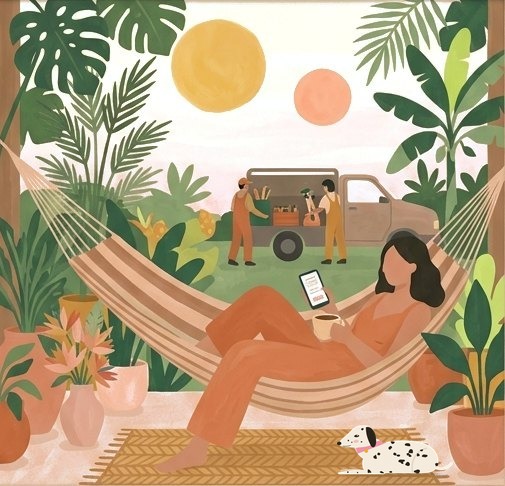 A business owner relaxes in a hammock with her coffee while her crew finishes a garden job in the background