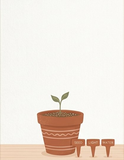 A seedling in a terracotta pot with three small plant labels